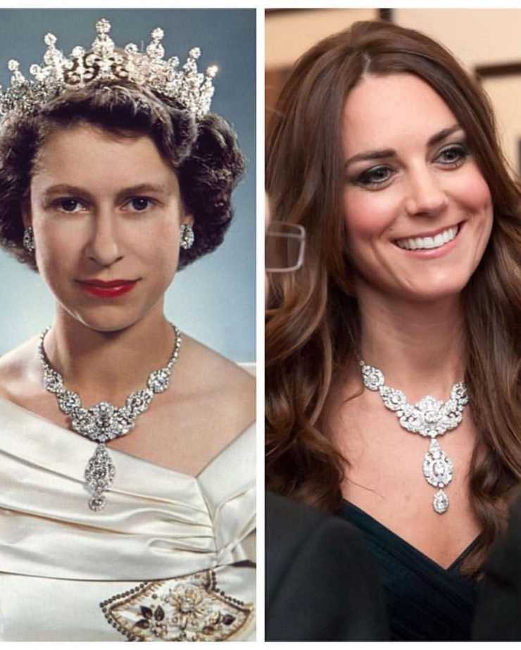 Regina Elisabetta e Kate Middleton con collana